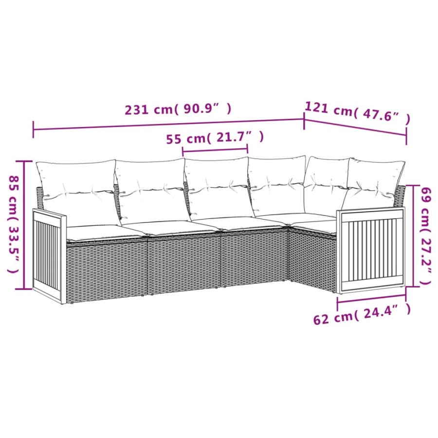 5-delige Loungeset met kussens poly rattan zwart - Afbeelding 7