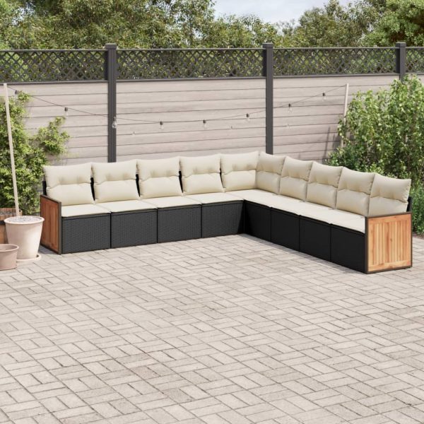 9-delige Loungeset met kussens poly rattan zwart