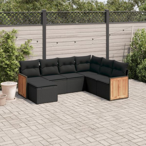 7-delige Loungeset met kussens poly rattan zwart