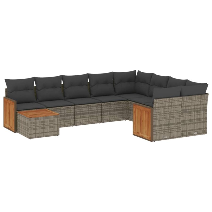 10-delige Loungeset met kussens poly rattan grijs - Afbeelding 2
