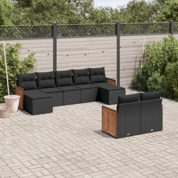 9-delige Loungeset met kussens poly rattan zwart