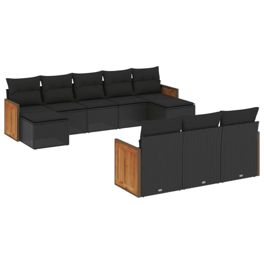 10-delige Loungeset met kussens poly rattan zwart - Afbeelding 2