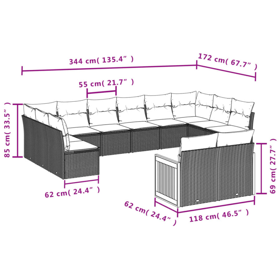 12-delige Loungeset met kussens poly rattan zwart - Afbeelding 7