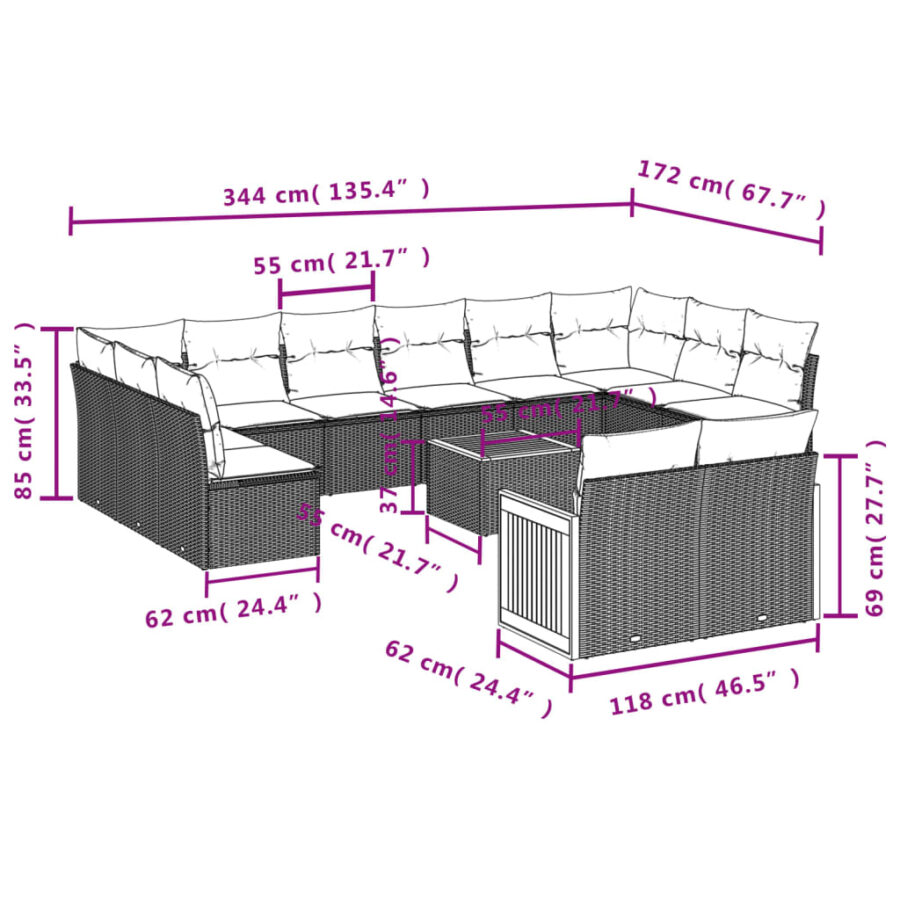 13-delige Loungeset met kussens poly rattan zwart - Afbeelding 8