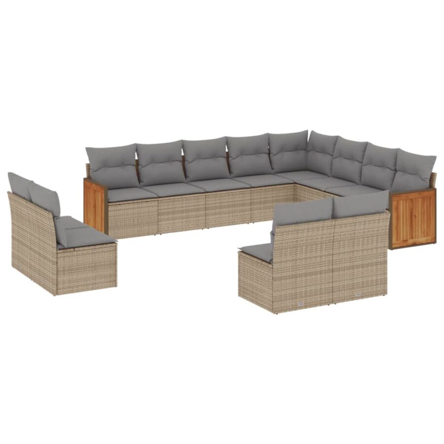 12-delige Loungeset met kussens poly rattan beige - Afbeelding 2