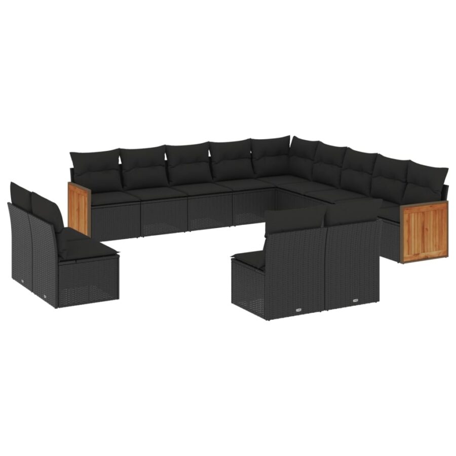 13-delige Loungeset met kussens poly rattan zwart - Afbeelding 2