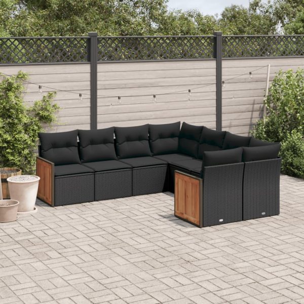 8-delige Loungeset met kussens poly rattan zwart