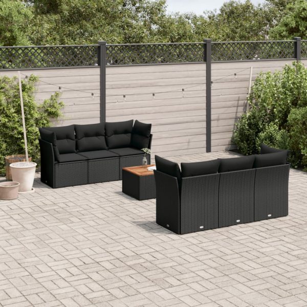 7-delige Loungeset met kussens poly rattan zwart