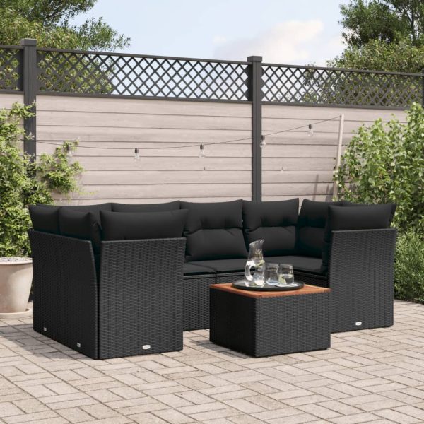 7-delige Loungeset met kussens poly rattan zwart