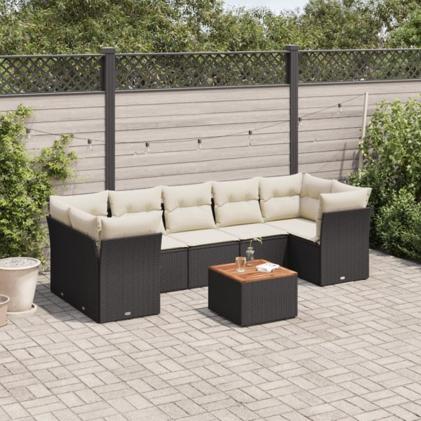 8-delige Loungeset met kussens poly rattan zwart