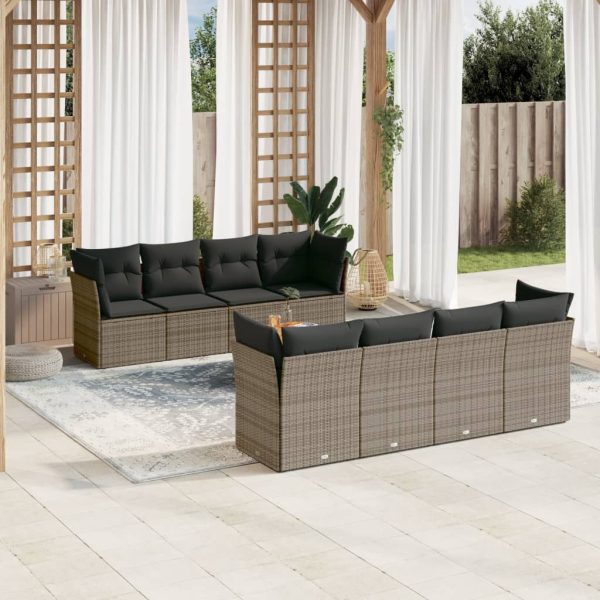 9-delige Loungeset met kussens poly rattan grijs