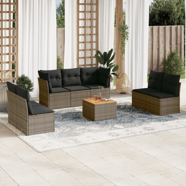 8-delige Loungeset met kussens poly rattan grijs