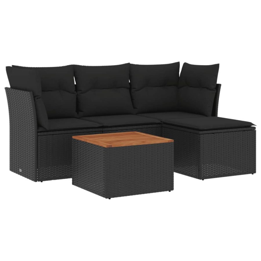 5-delige Loungeset met kussens poly rattan zwart - Afbeelding 2