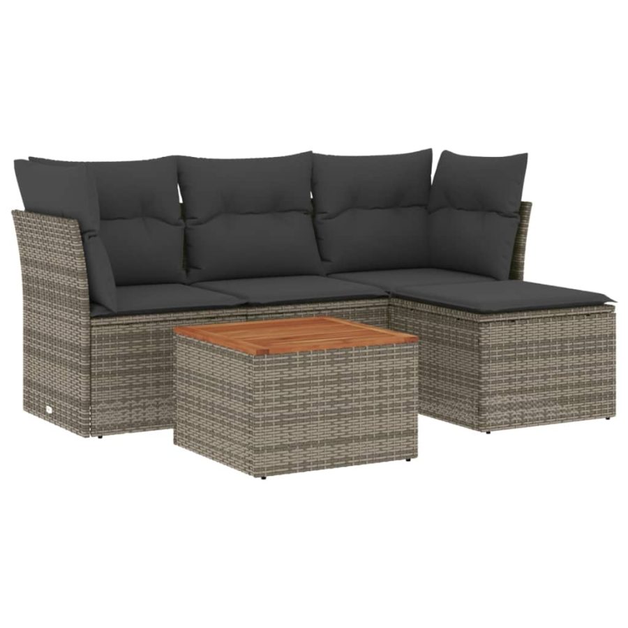 5-delige Loungeset met kussens poly rattan grijs - Afbeelding 2