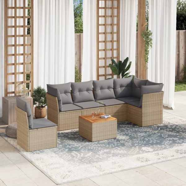 7-delige Loungeset met kussens poly rattan beige