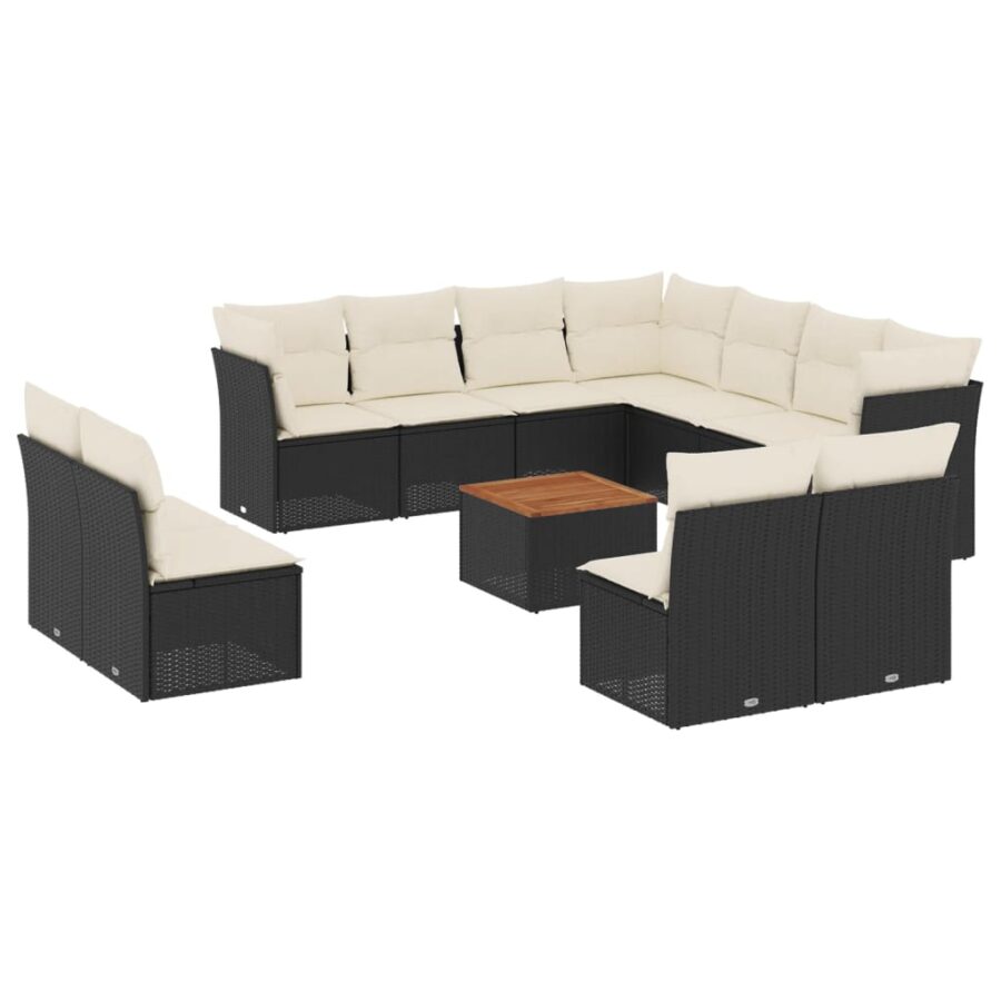 12-delige Loungeset met kussens poly rattan zwart - Afbeelding 2