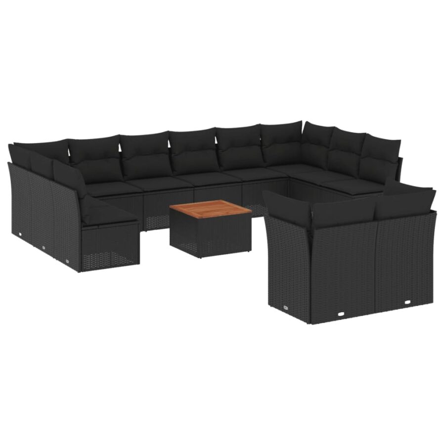 13-delige Loungeset met kussens poly rattan zwart - Afbeelding 2