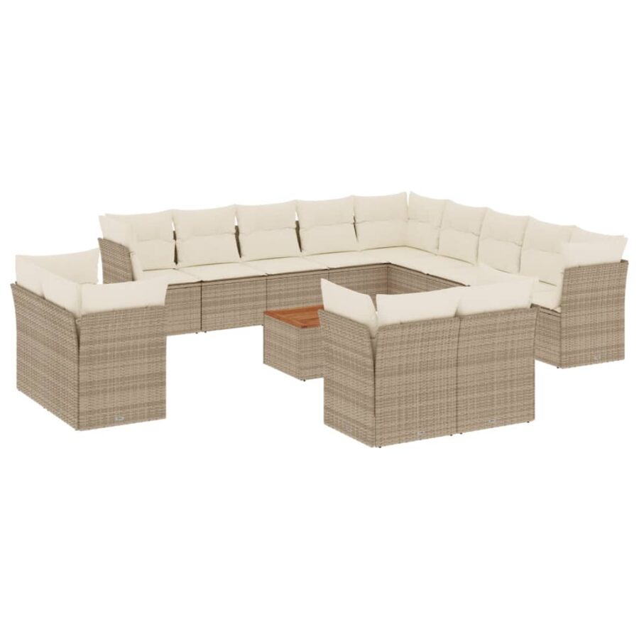 14-delige Loungeset met kussens poly rattan beige - Afbeelding 2