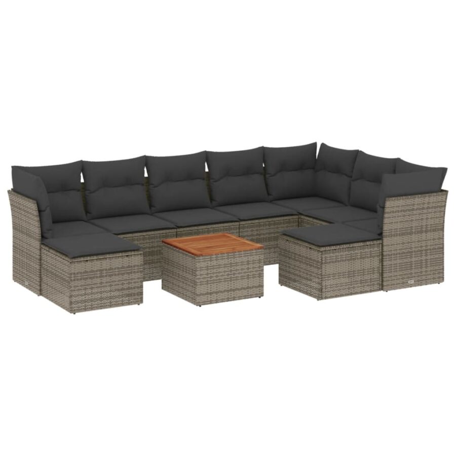 10-delige Loungeset met kussens poly rattan grijs - Afbeelding 2