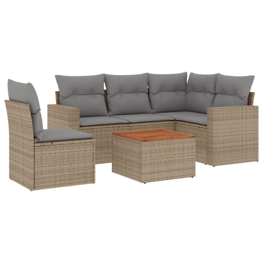6-delige Loungeset met kussens poly rattan beige - Afbeelding 2