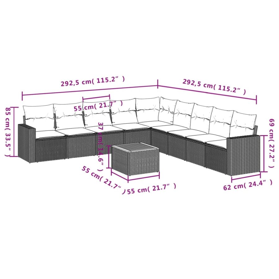 10-delige Loungeset met kussens poly rattan zwart - Afbeelding 3