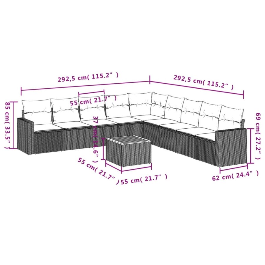 10-delige Loungeset met kussens poly rattan beige - Afbeelding 3