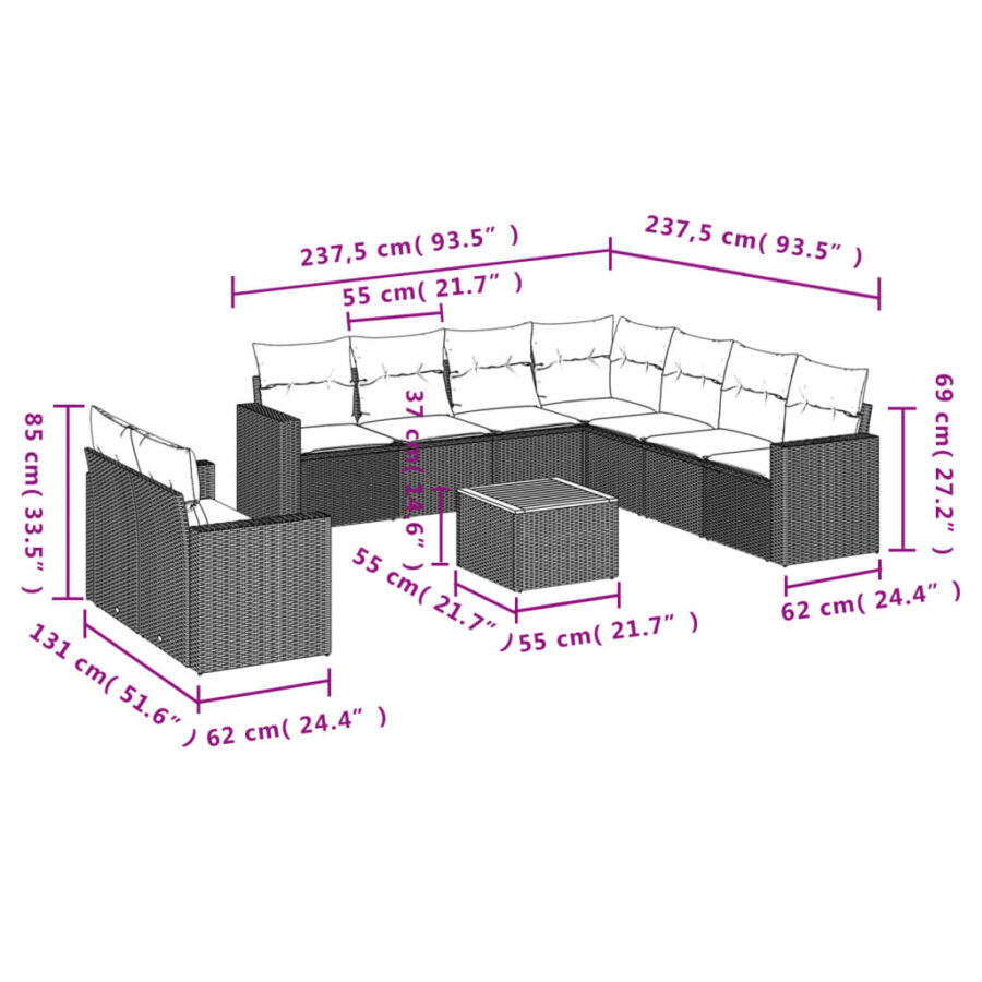 10-delige Loungeset met kussens poly rattan zwart - Afbeelding 3