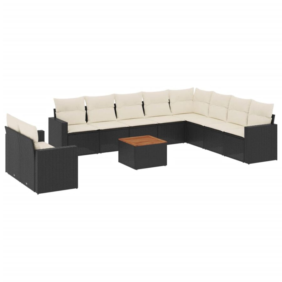 11-delige Loungeset met kussens poly rattan zwart - Afbeelding 2