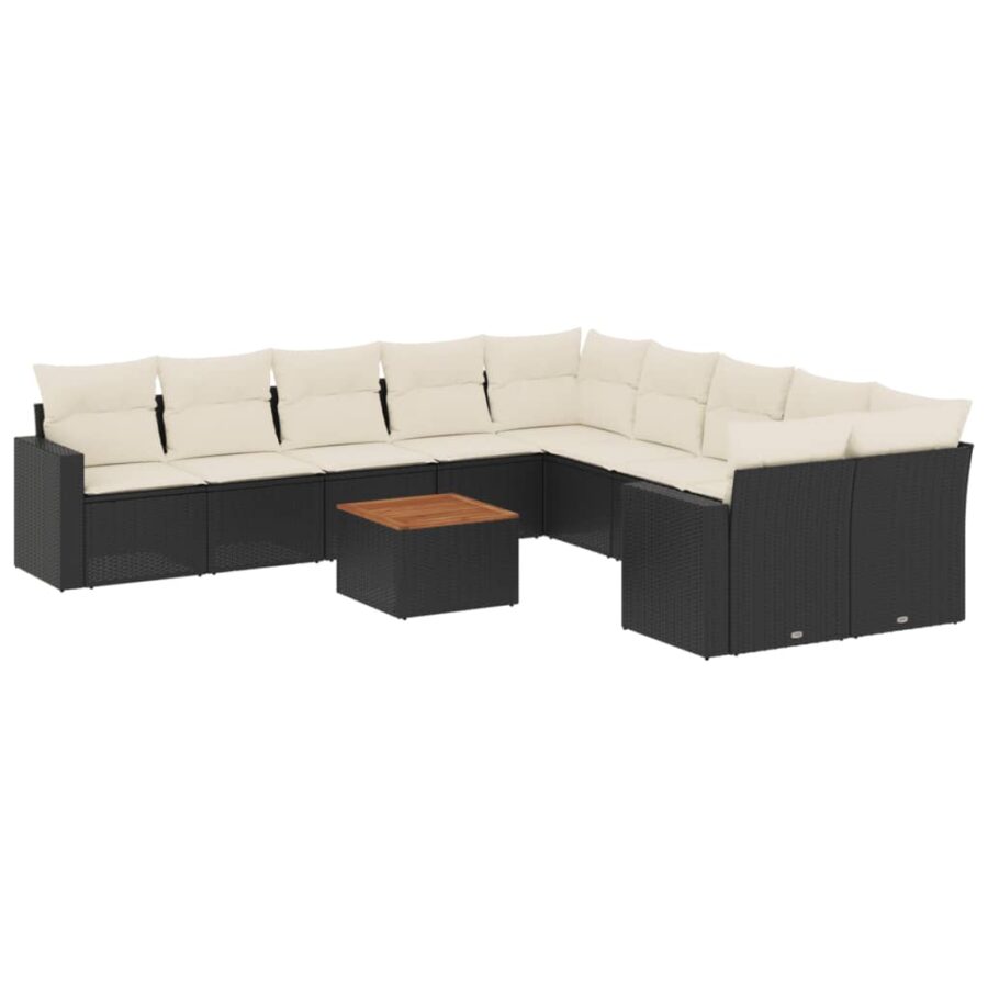 11-delige Loungeset met kussens poly rattan zwart - Afbeelding 2