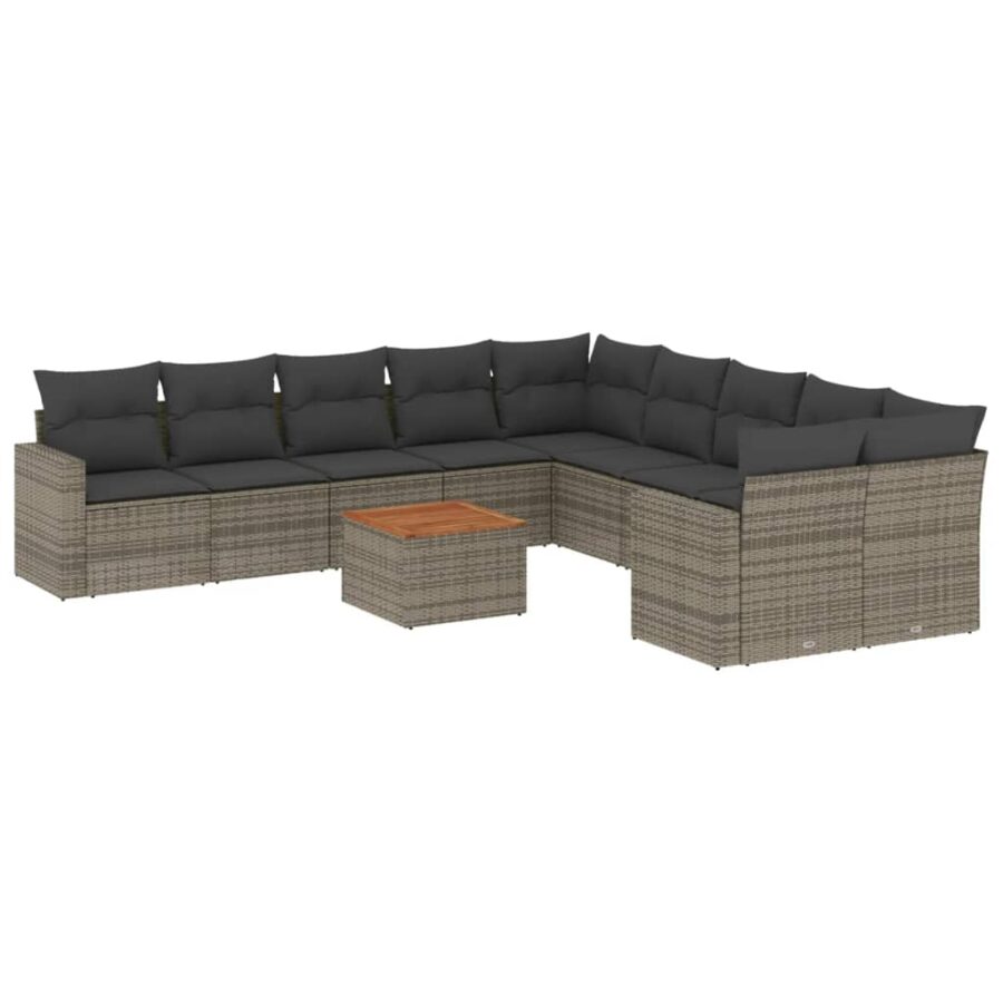 11-delige Loungeset met kussens poly rattan grijs - Afbeelding 2