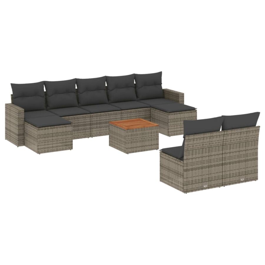 10-delige Loungeset met kussens poly rattan grijs - Afbeelding 2