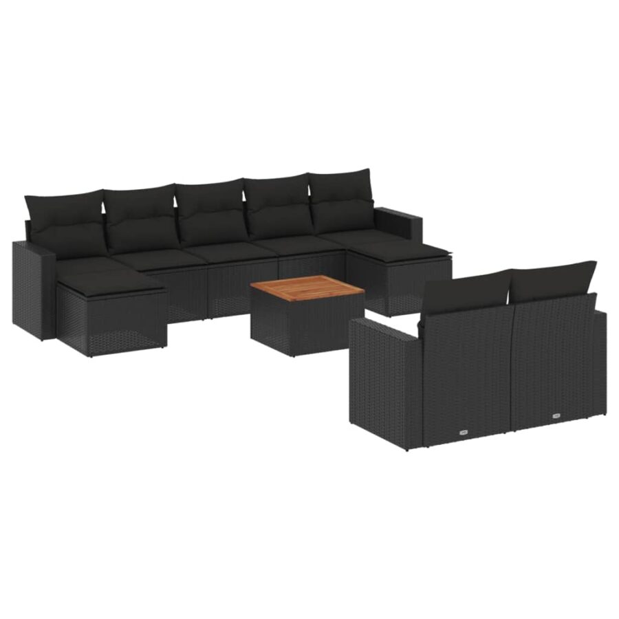 10-delige Loungeset met kussens poly rattan zwart - Afbeelding 2