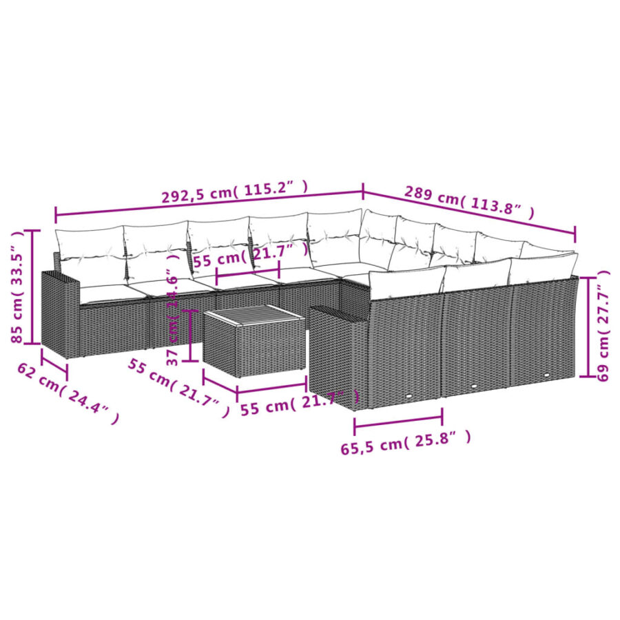 12-delige Loungeset met kussens poly rattan grijs - Afbeelding 3