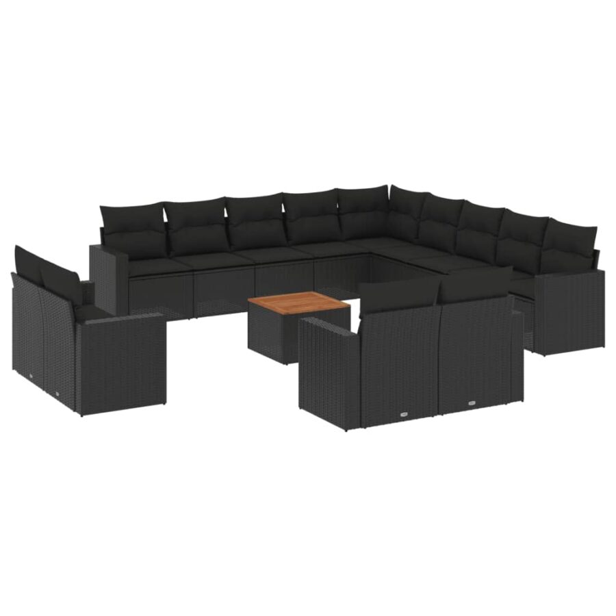 14-delige Loungeset met kussens poly rattan zwart - Afbeelding 2