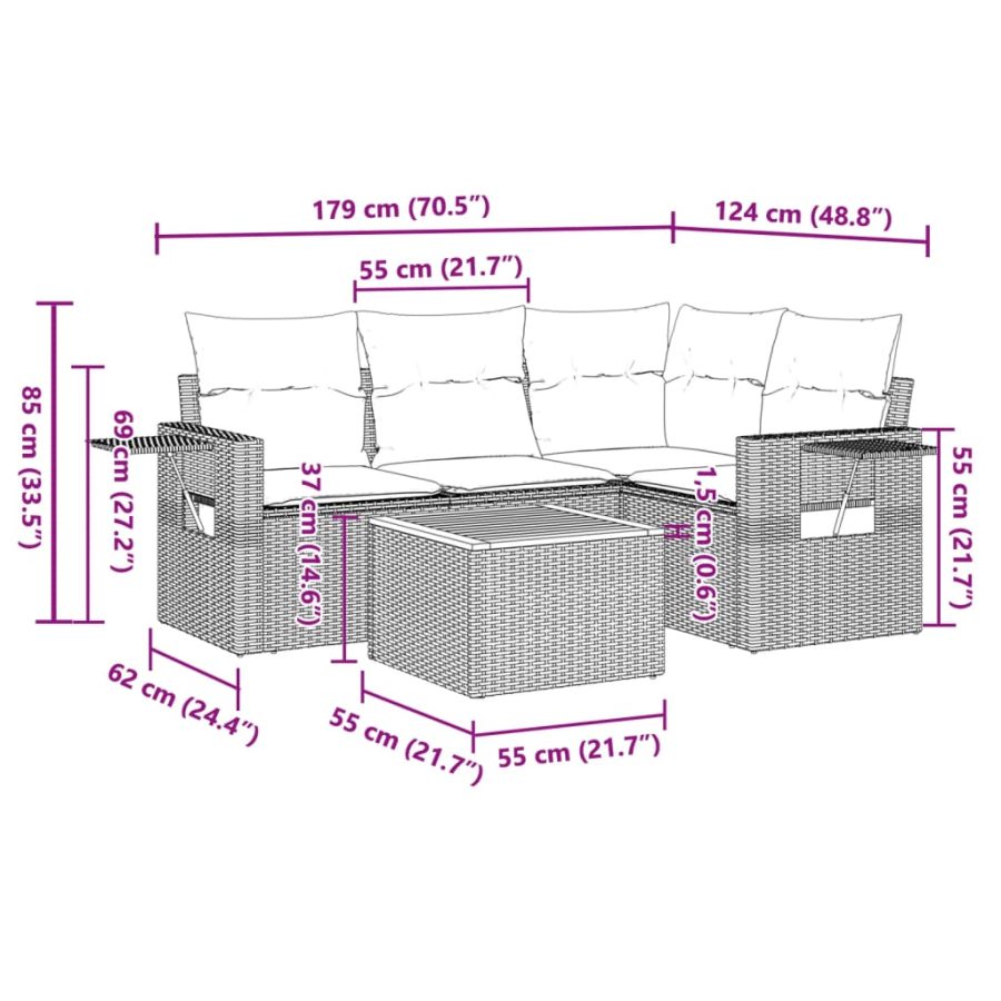 5-delige Loungeset met kussens poly rattan grijs - Afbeelding 9