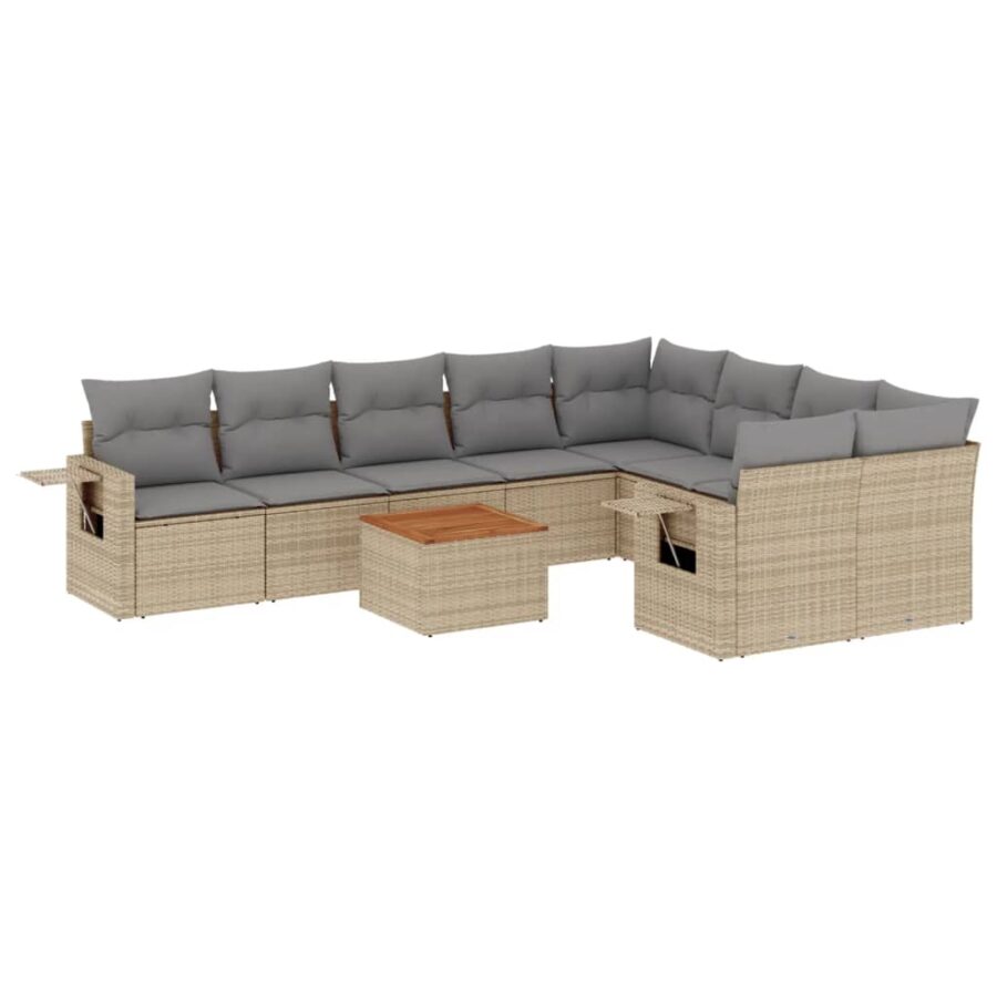 10-delige Loungeset met kussens poly rattan beige - Afbeelding 2