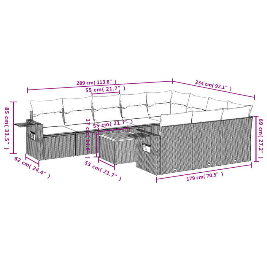 11-delige Loungeset met kussens poly rattan zwart - Afbeelding 10
