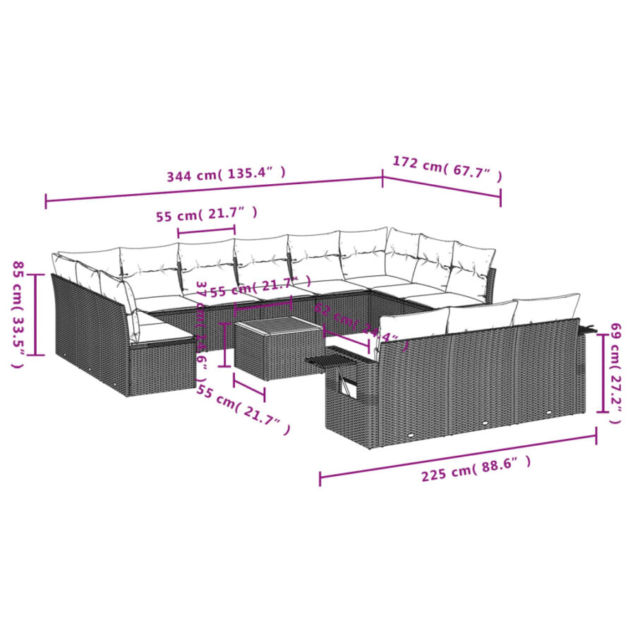 14-delige Loungeset met kussens poly rattan beige - Afbeelding 9