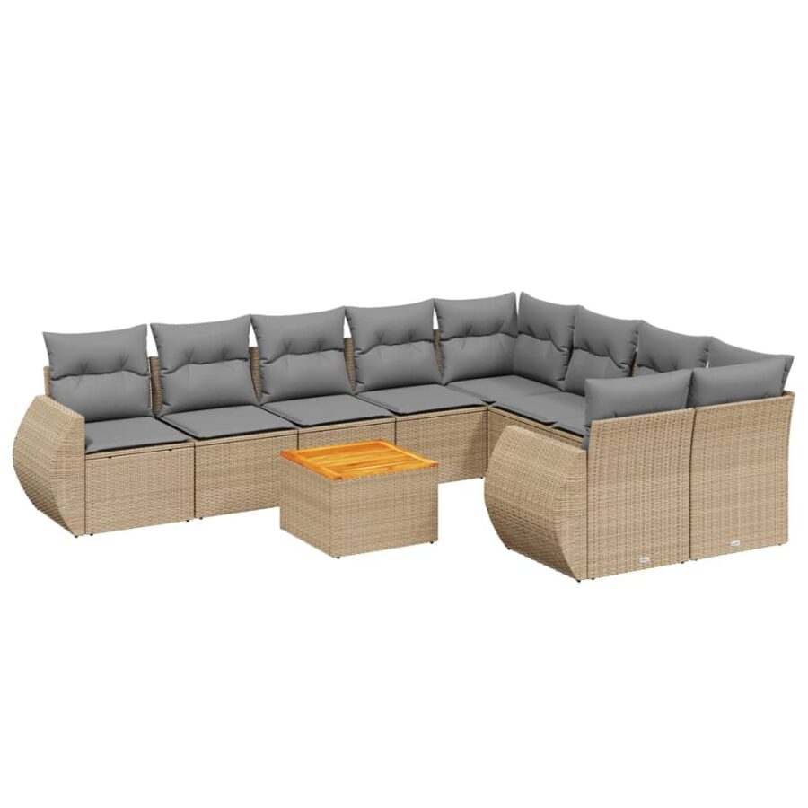 10-delige Loungeset met kussens poly rattan beige - Afbeelding 2