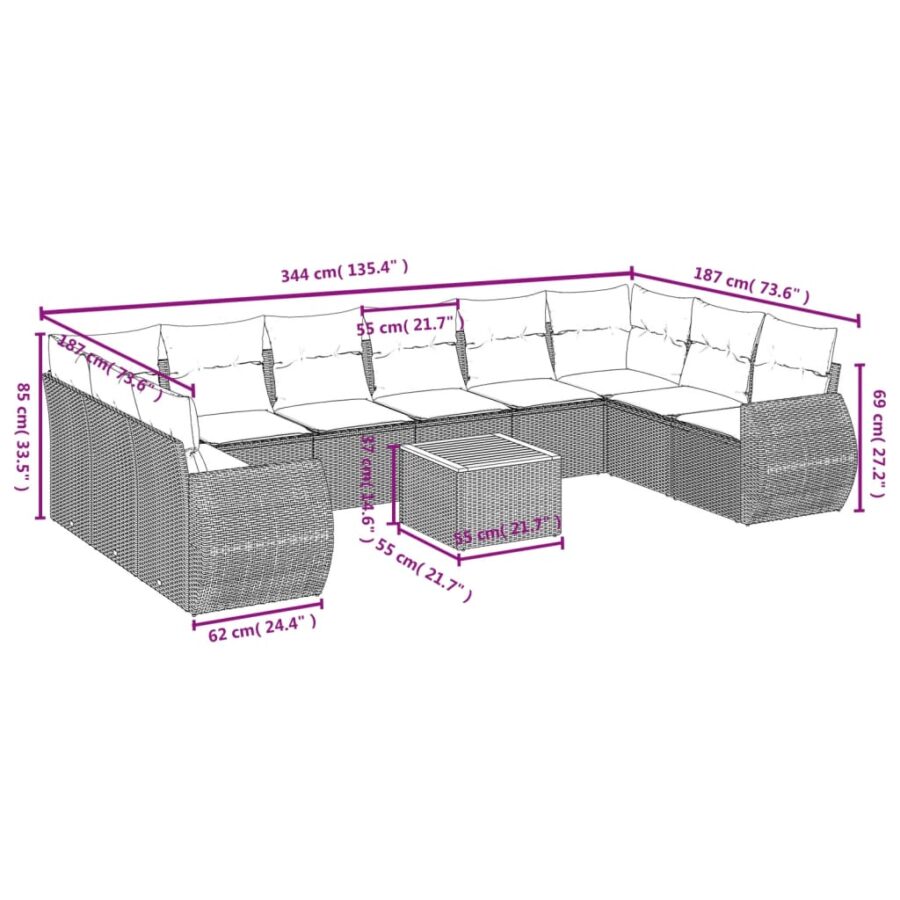 11-delige Loungeset met kussens poly rattan zwart - Afbeelding 3