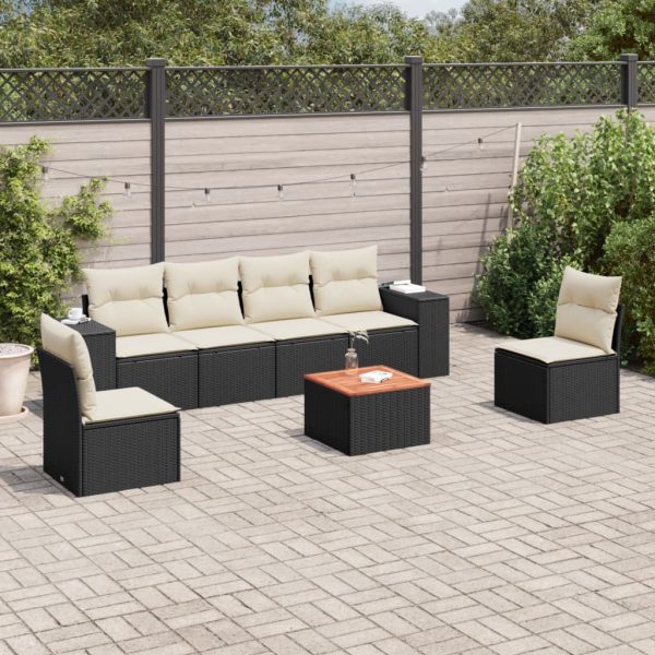 7-delige Loungeset met kussens poly rattan zwart