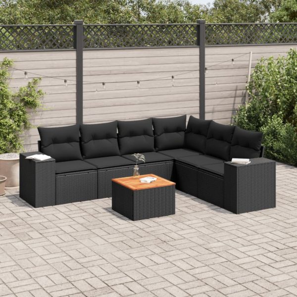 7-delige Loungeset met kussens poly rattan zwart