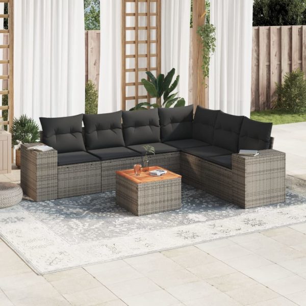 7-delige Loungeset met kussens poly rattan grijs