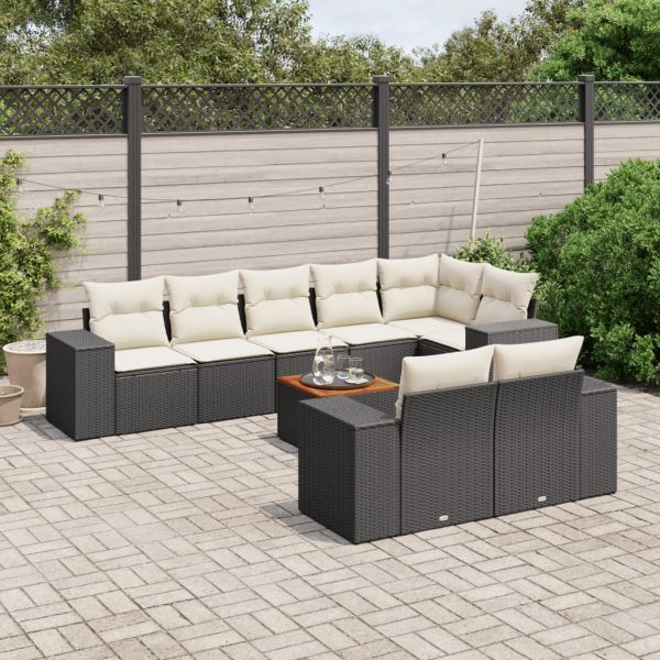 9-delige Loungeset met kussens poly rattan zwart