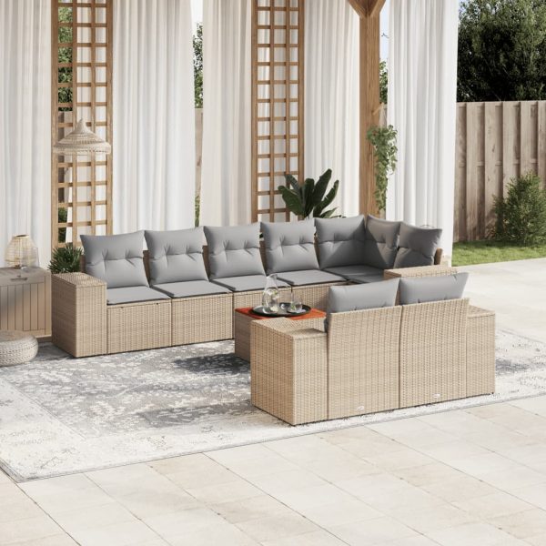 9-delige Loungeset met kussens poly rattan beige