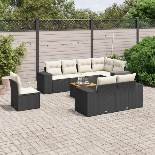 9-delige Loungeset met kussens poly rattan zwart