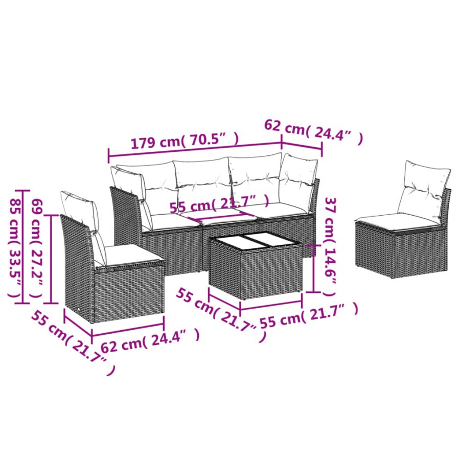6-delige Loungeset met kussens poly rattan grijs - Afbeelding 3