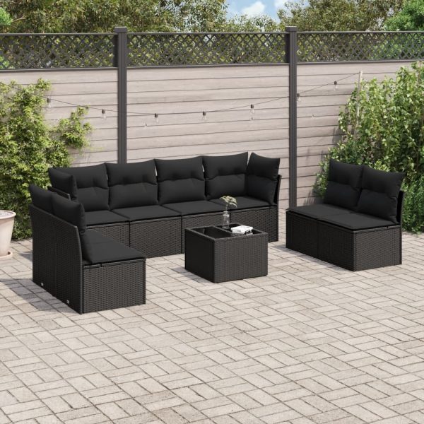 9-delige Loungeset met kussens poly rattan zwart