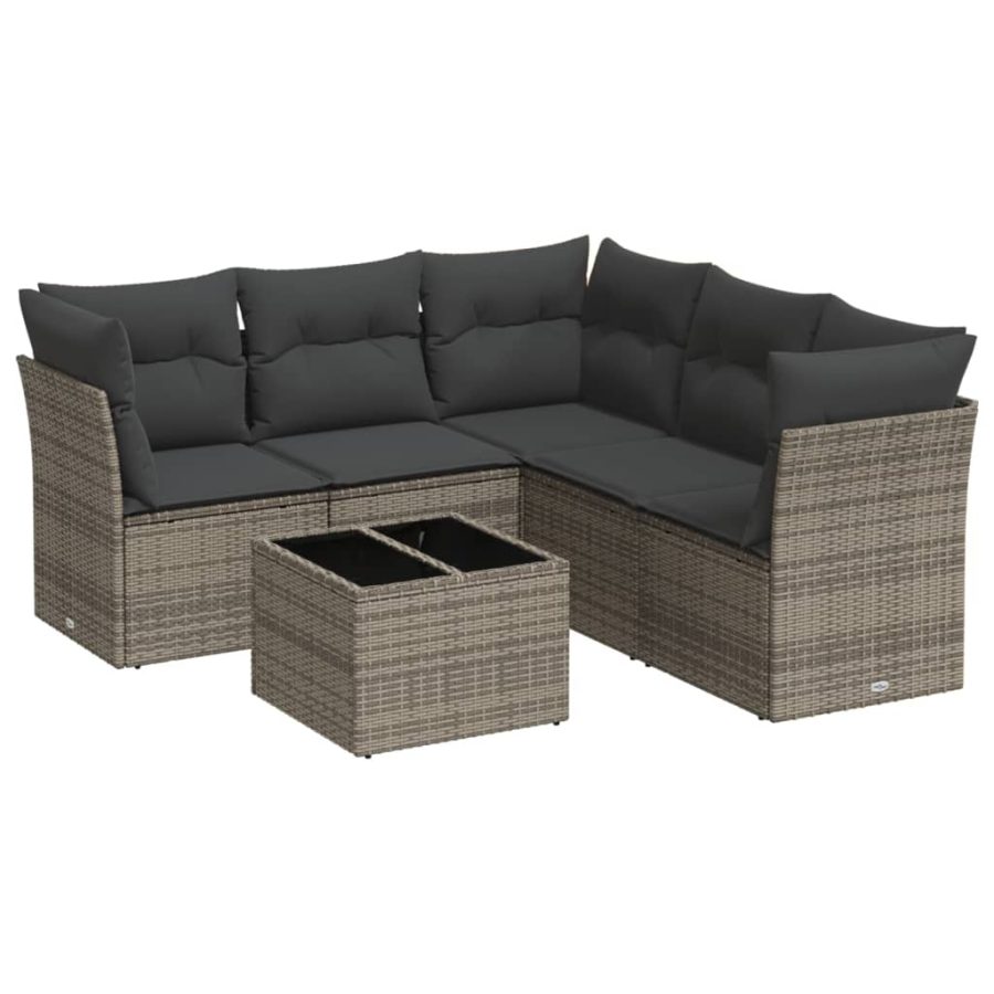 6-delige Loungeset met kussens poly rattan grijs - Afbeelding 2