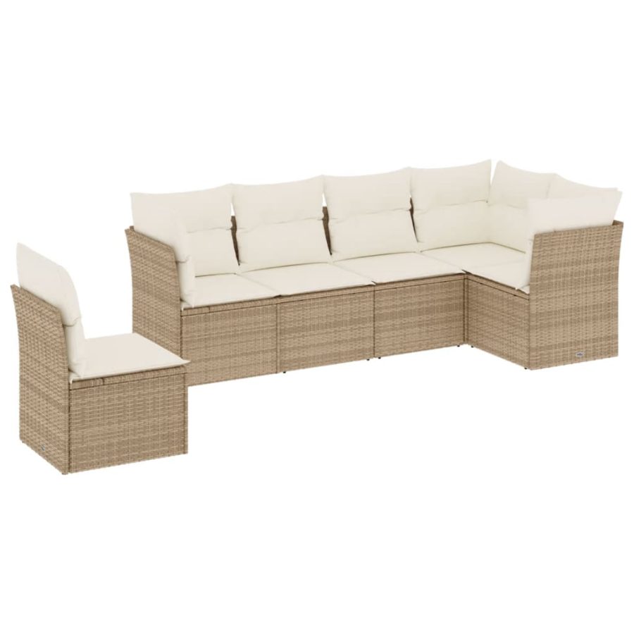 6-delige Loungeset met kussens poly rattan beige - Afbeelding 2